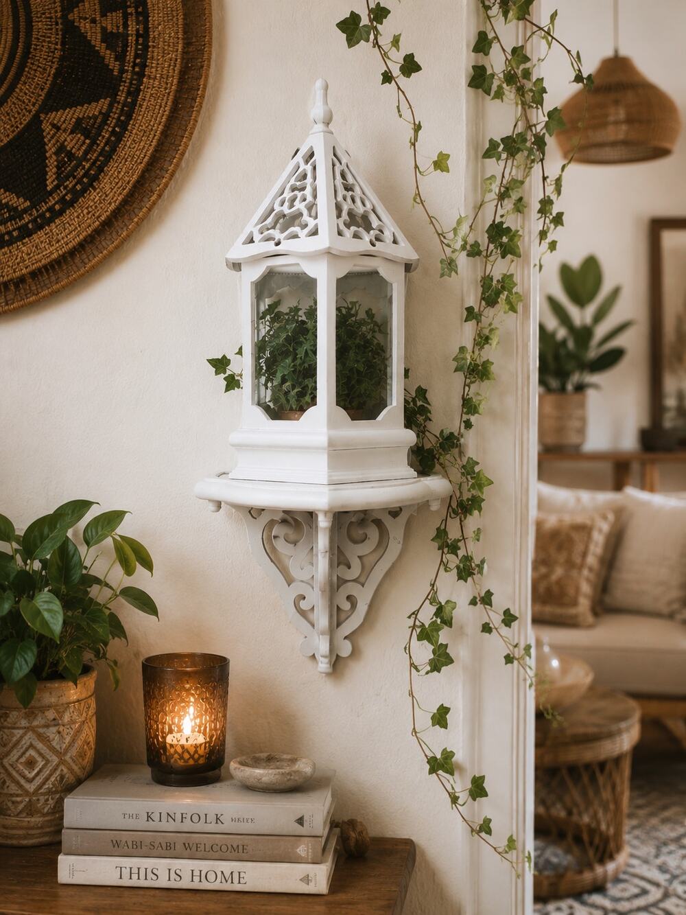Country Farmhouse Wall Sconce Wooden Gazeebo White 20 Inches Tall Plant Holder